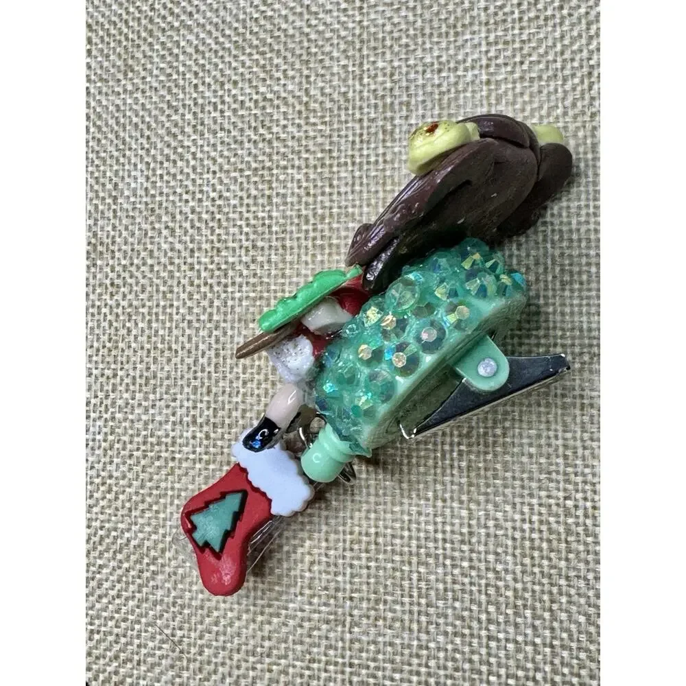 Christmas Girl Badge Reel On Alligator Clip With Green Rhinestones